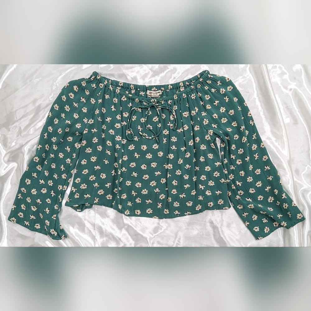 Billabong Women's US Medium Mint Green Floral Front Tie Cropped Blouse Top